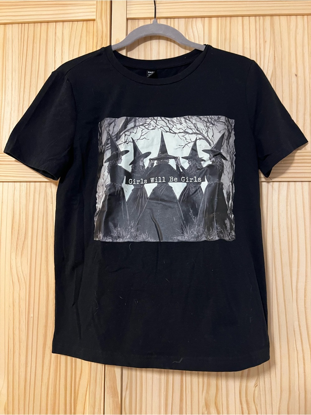 Black Short Sleeve Graphic Tee with Witch Print